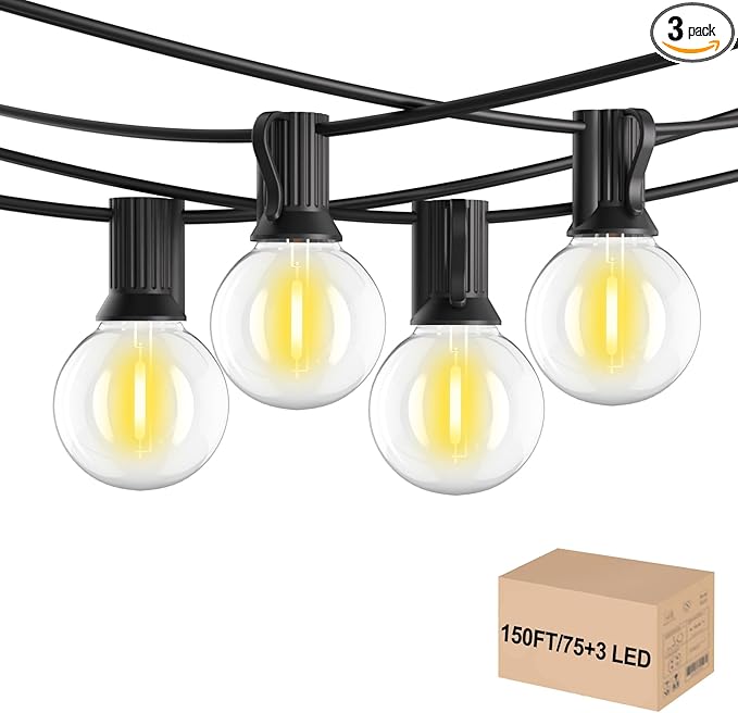 Outdoor String Lights 150FT,G40 75+3 Bulbs String Lights for Outside - 2700K Warm White, 25000H Long Life, IP45 Waterproof & Shatterproof, Mains Powered Garden Lights for Gazebo/Patio