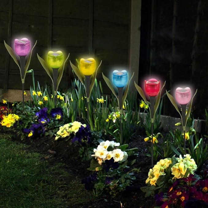anso 6pcs Garden Tulip Flower Shape LED Solar Powered Lights Outdoor Yard Standing Decors (Multicolor)