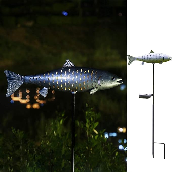KAIXOXIN Solar Garden Lights Metal Fish Decorative Stake for Outdoor Patio Yard Decorations,Warm White LED Solar Path Lights (Silver-2)