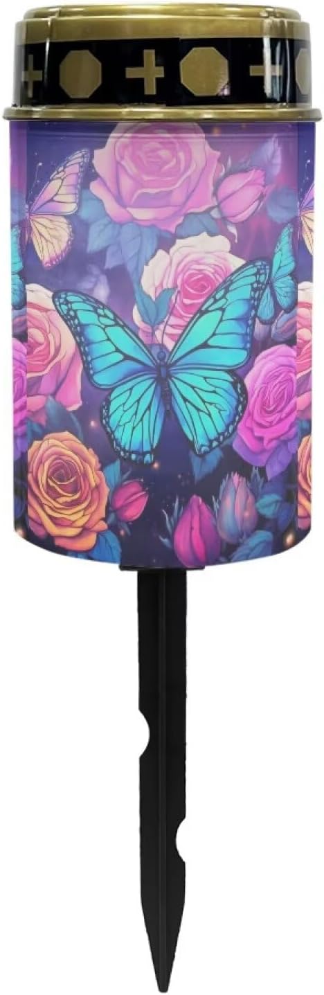 ZOUTAIRONG Solar Light for Cemetery Grave Solar Garden Lights Garden Lights Solar Pathway Lights Outdoor Cemetery Solar Lights for Grave Solar Lights for Cemetery Gravesite Rose Butterfly