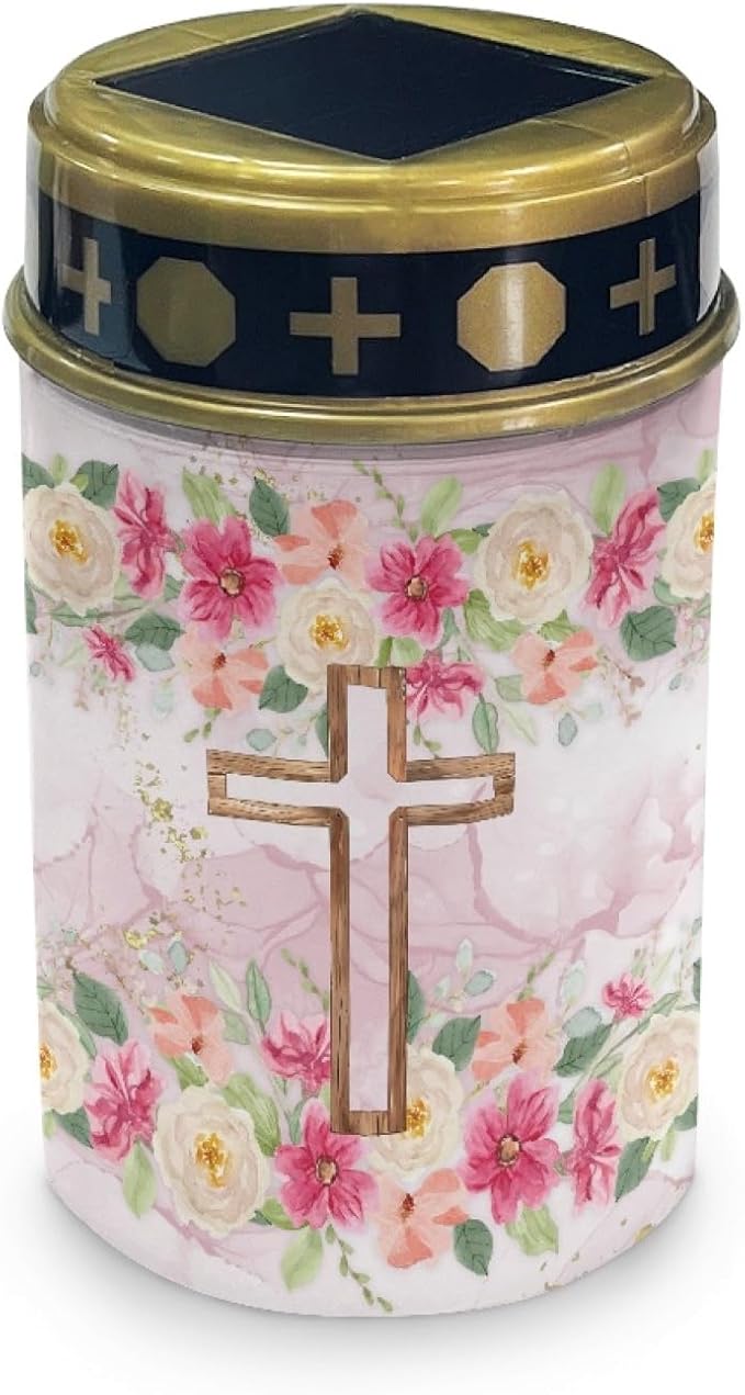 Cross Floral Solar Lights Outdoor Solar Garden Stake Lights Landscape Lighting for Yard Patio Cemetery Decoration for Grave,Flameless Warm White Lights Solar Powered Lights for Outside,Pink
