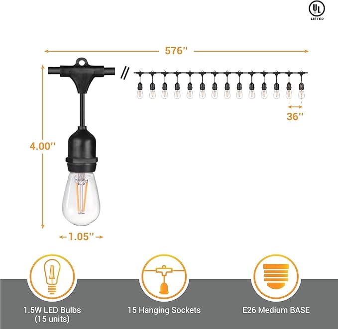 Diodesy- 48Ft Outdoor String Lights with S14 LED Shatterproof Edison Bulb & 15 Hanging Socket Commercial Grade E26 | Lumora