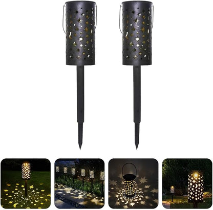 2pcs Solar Lawn Lights Outdoor Projection Lamps Waterproof Hollow Wrought Iron Garden Path Lights with Star and Moon Design for Patio and Yard Decor