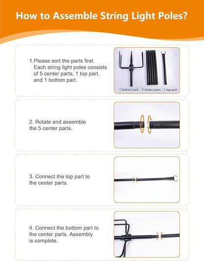 4 Pack String Light Poles for Outside, Thickened Metal Christmas Lights Hanger Pole Outdoor with Fork, Lighting Hanging Post Accessories for Patio Decor Garden Backyard Yard Outside Decorations