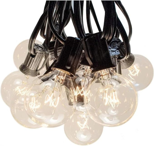 25ft G40 String Lights - 25 E12 Sockets - 20AWG Wire - 5W G40 Incandescent Bulbs - Patio Café Lights - 30 Lumens | Lumora