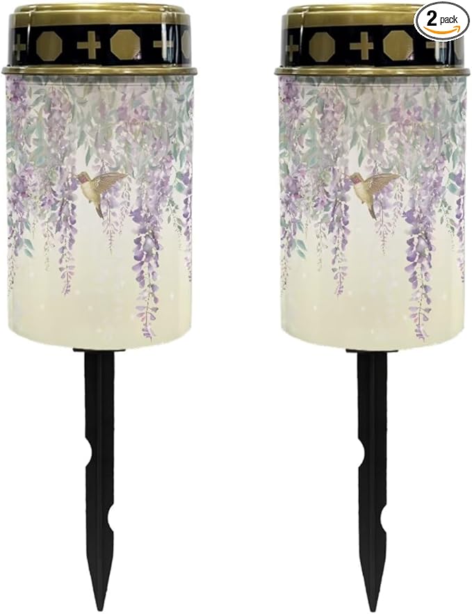 Poceacles Solar Grave Lights for Cemetery - Decorations, Candle and Pathway Lights - Waterproof Landscape Lighting for Loss of Mother, Hummingbird Wisteria Flower - Pack of 2