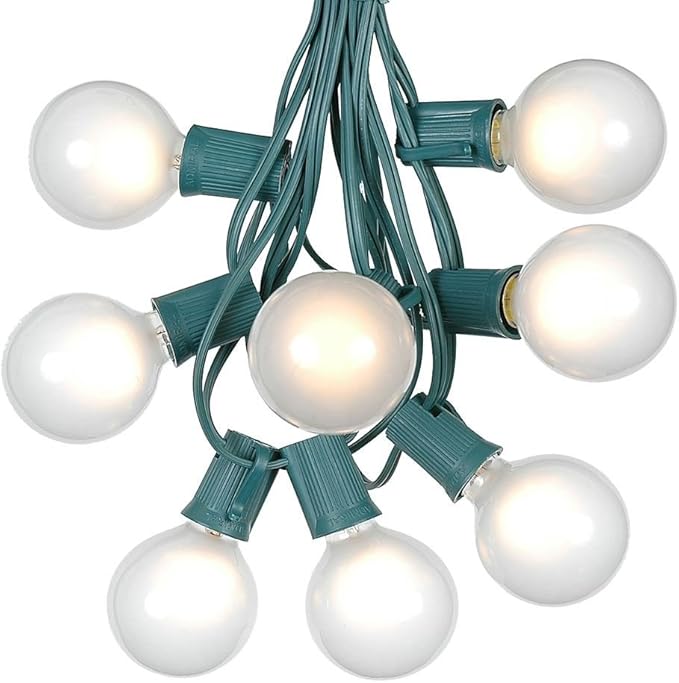 G50 Patio String Lights with 125 Frosted Globe Bulbs – Outdoor String Lights – Market Bistro Café Hanging String Lights – Patio Garden Umbrella Globe Lights - Green Wire - 100 Feet