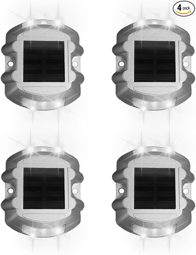 Waterproof Solar Deck Lights Outdoor, 4 Pack Solar Sidewalk Lights Heat Resistant LED Warning Step Lights, Solar Dock Lights for Driveway Sidewalk Pathway Yard (4, White Flashing)