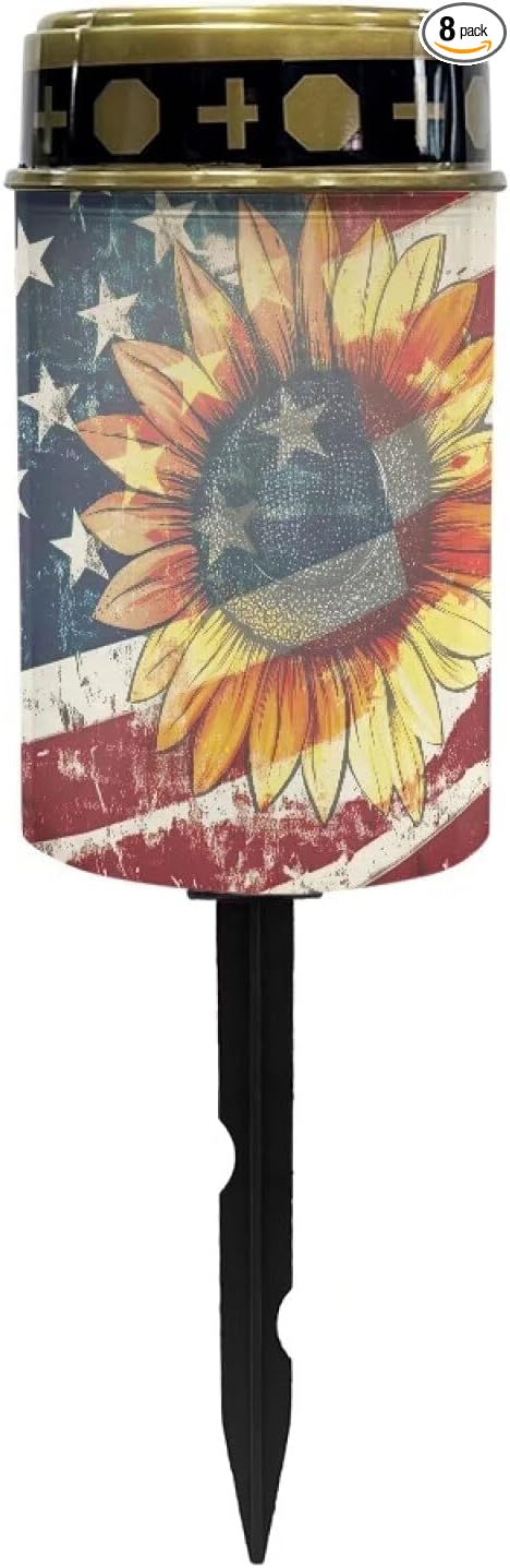 American Flag Cemetery Solar Lights for Grave Waterproof and Weather Resistant Solar Lights Outdoor Pathway Flameless Solar Powered Light for Prayer Grave Decor Candle Lamp