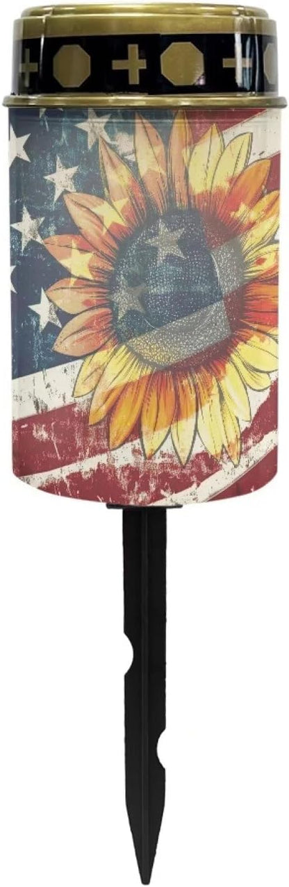 American Flag Cemetery Solar Lights for Grave Waterproof and Weather Resistant Solar Lights Outdoor Pathway Flameless Solar Powered Light for Prayer Grave Decor Candle Lamp