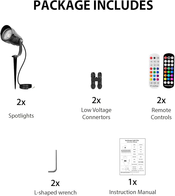 RGBWW Low Voltage Landscape Lighting with Remotes, 12W Color Changing LED Outdoor Spotlights RGB Landscape Lights 12V-24V AC/DC Waterproof for Gardens, Yards, Trees, Pathway, Festival Decor, 2 Pack