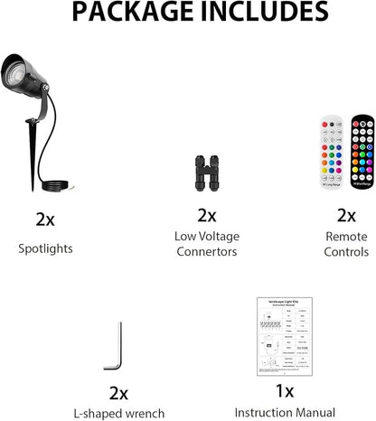 RGBWW Low Voltage Landscape Lighting with Remotes, 12W Color Changing LED Outdoor Spotlights RGB Landscape Lights 12V-24V AC/DC Waterproof for Gardens, Yards, Trees, Pathway, Festival Decor, 2 Pack