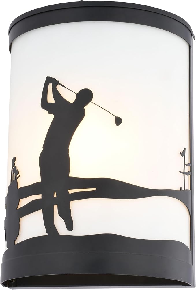 VAXCEL Links 1-Light 8 in. Wide Black Indoor-Outdoor Flush Mount Wall Sconce with Metal Golfer Cutout and Frosted | Lumora