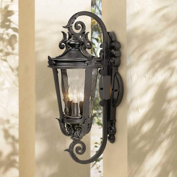 John Timberland Casa Marseille European Outdoor Wall Light Fixture Mediterranean Black Scroll Arm 21 1/2" Clear | Lumora