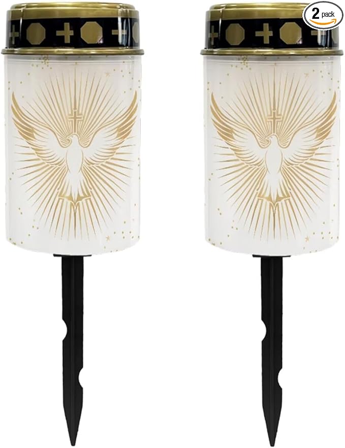 Poceacles Cross Outdoor Solar Lights - Water Resistant Solar Garden Stake Lights for Cemetery Grave Decorations, Dove of Peace Cross Gold White, Pack of 2