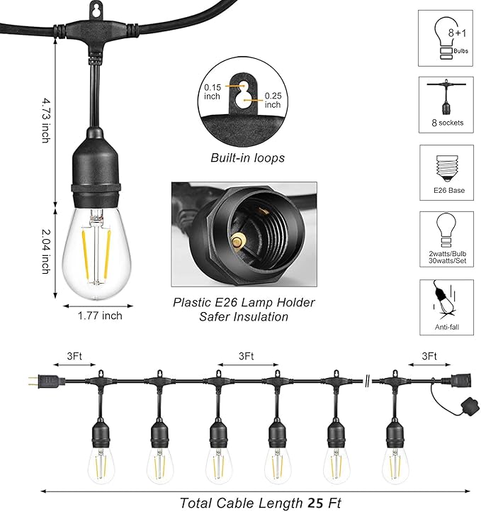 LED Patio String Lights, 35ft 18 Lights Solar Powered, E26 Socket with S14 Bulbs Weatherproof Outdoor Bistro Lights | Lumora