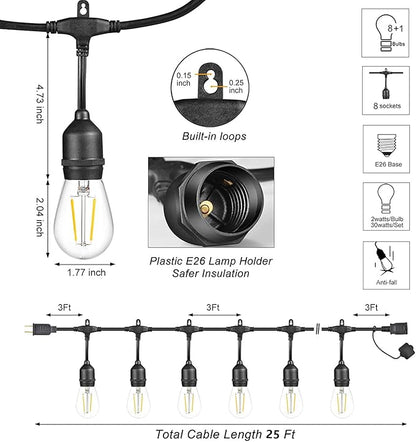 LED Patio String Lights, 35ft 18 Lights Solar Powered, E26 Socket with S14 Bulbs Weatherproof Outdoor Bistro Lights (18 Lights - Solar)