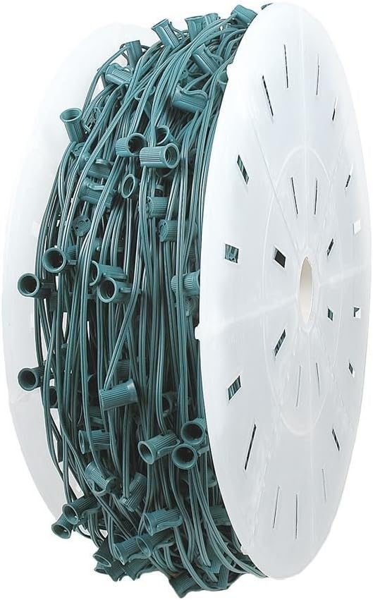 Novelty Lights 1,000 Feet C7/E12 Socketed Wire Spool, 36 Inch Spacing, Green Wire 10 Amp SPT-2 Commercial Grade | Lumora