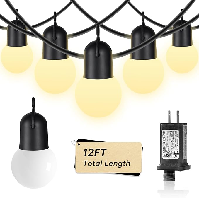 12FT Warm White LED Outdoor String Lights, Waterproof Dew Table Lamps, shatterproof Spherical Bulbs, Porch | Lumora