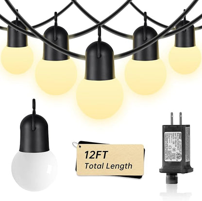 12FT Warm White LED Outdoor String Lights, Waterproof Dew Table Lamps, shatterproof Spherical Bulbs, Porch, Backyard, Holidays, Garden, Christmas, Halloween