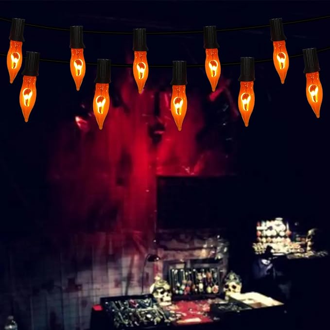 Christmas Flickering Orange String Lights Outdoor, 10Ft Flicker Flame Light 10 C7 Flame Bulb Lights, Outside Orange Light Plug in for Indoor Balcony Patio Party Christmas Halloween Decorations