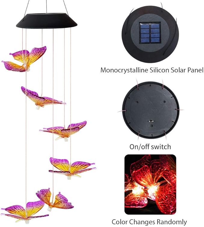 Solar Butterfly Wind Chime Color Changing Outdoor Garden Decorative Lights for Walkway Pathway Backyard Christmas Decoration Parties (Purple, 25x5x5 inches)