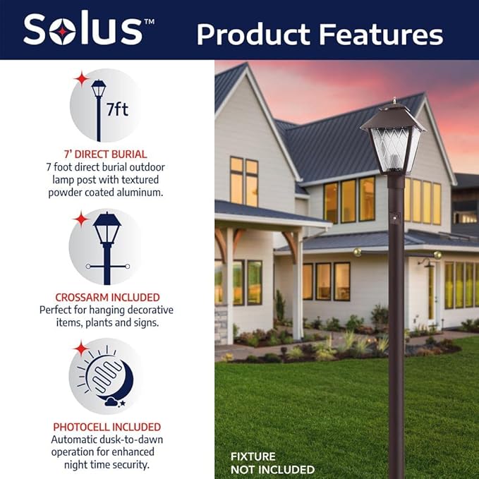 Solus 7-Foot Direct Burial Lamp Post – Aluminum Outdoor Light Pole with Decorative Cross Arm & Dusk-to-Dawn Sensor | Lumora