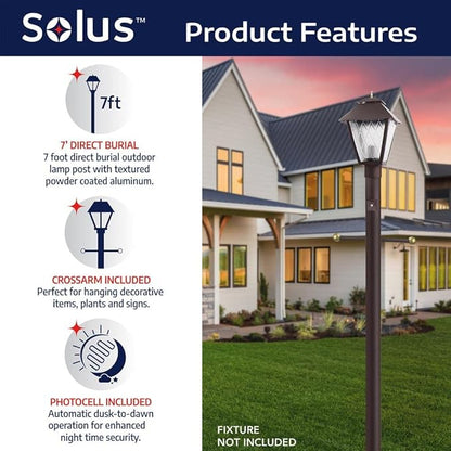 Solus 7-Foot Direct Burial Lamp Post – Aluminum Outdoor Light Pole with Decorative Cross Arm & Dusk-to-Dawn Sensor – Fits 3" Fixtures – Black, Bronze, or White – Made in USA (Bronze, Single)