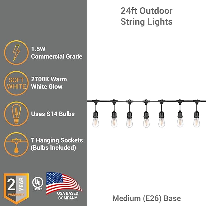 Diodesy- 24Ft Outdoor String Lights with S14 LED Shatterproof Edison Bulb & 7 Hanging Socket Commercial Grade E26 | Lumora