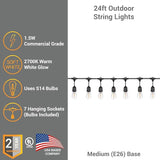 Diodesy- 24Ft Outdoor String Lights with S14 LED Shatterproof Edison Bulb & 7 Hanging Socket Commercial Grade E26 | Lumora