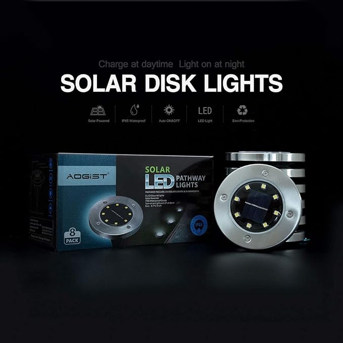 Aogist Solar Ground Lights, 8 LED Garden Disk Lights In-Ground Outdoor Landscape Lighting for Lawn Patio Pathway | Lumora