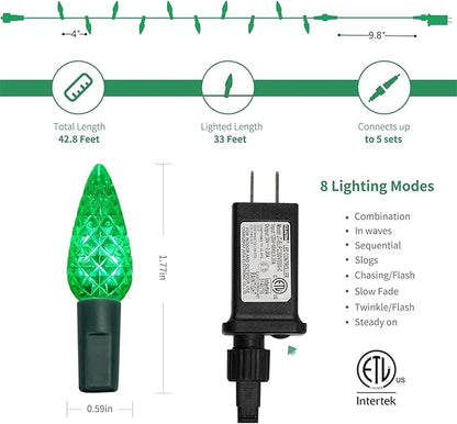 WATERGLIDE C6 Christmas Lights, 33ft 100 LED Faceted String Lights Green Wire Fairy Lights with Safe Adaptor, 8 Lighting Mode, Waterproof for Indoor Outdoor Patio Xmas Tree Party Decor, Red & Green
