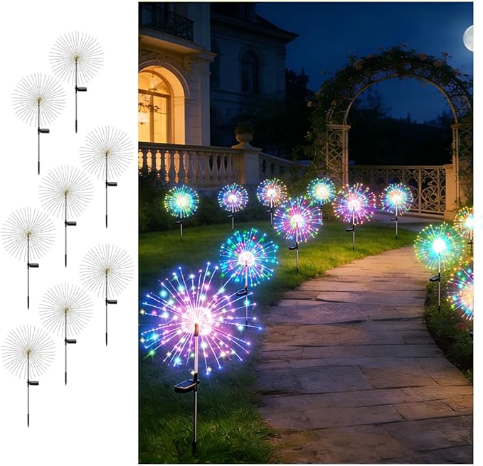 Solar Fireworks Lights for Outside, 150LED 8 Modes Fireworks Solar Lights Outdoor, Fairy Garden Flowers for Yard Pathway Wedding Party Christmas Diwali Garden Decor 8Pack (Multicolor)