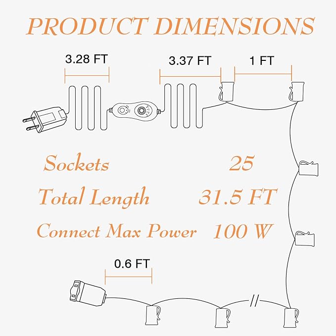 C9 String Lights with Dimmer and Timer - 31.5FT Dimmable C9 Light String with 25 E17 Light Sockets 12" Spacing | Lumora