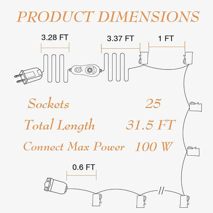 C9 String Lights with Dimmer and Timer - 31.5FT Dimmable C9 Light String with 25 E17 Light Sockets 12" Spacing, Indoor Outdoor Stringer for Bedroom, Porch, Backyard Decor, Black Wire