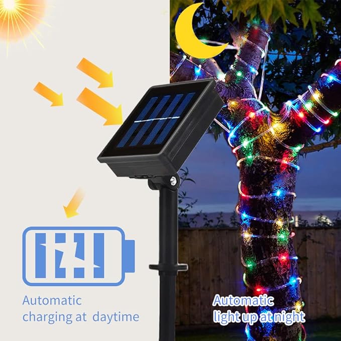 Honche Solar Rope Light 33FT 100LED IP65 Waterproof Outdoor LED Copper Fairy String Tube Lights for Party Gazebo Garden Patio Stair Balcony Fence Tree Daily Christmas Decoration(Solar-Multicolor)