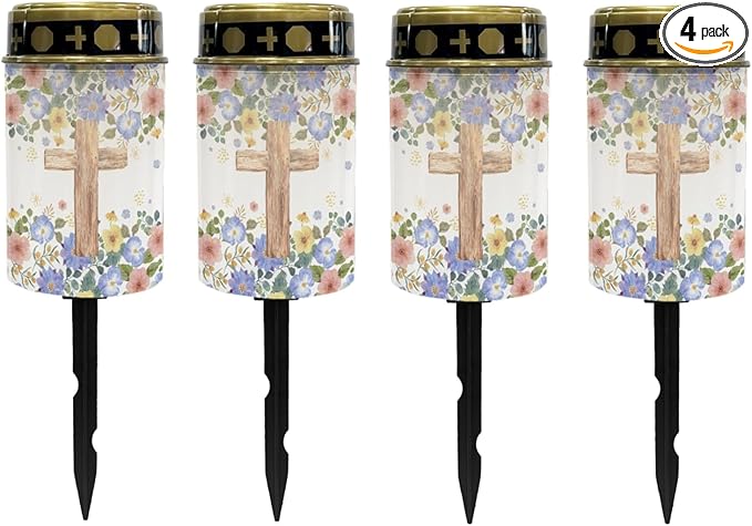 Cross Floral Cemetery Lights for Grave,Solar Garden Lights Cute Solar Pathway Light Lantern Solar Fairy Lights for Outside Waterproof Solar Stake Lights Landscape Lighting