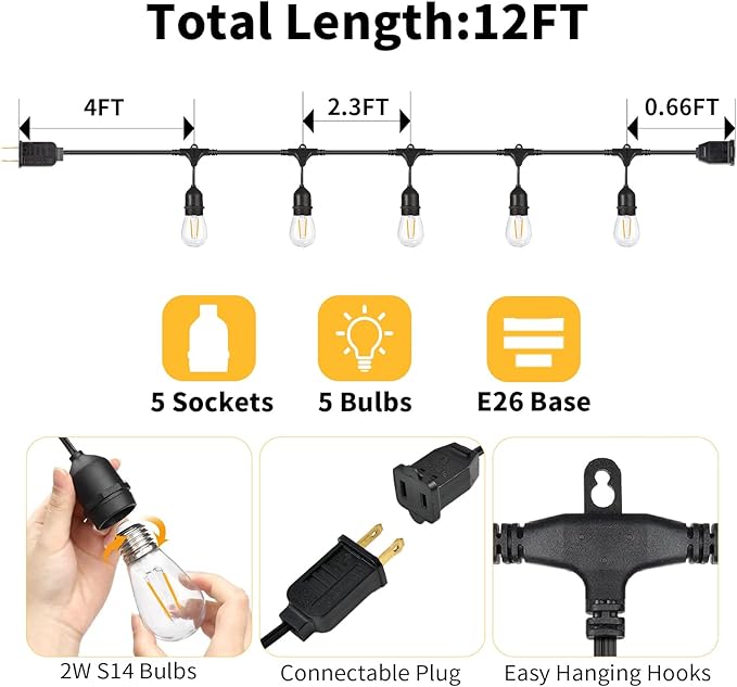 BRIMAX 12FT Outdoor String Lights with 5 LED Bulbs Outdoor Lights Shatterproof Edison Bulb Commercial Grade Waterproof LED Outside Light for Bistro Gazebos Porch Patio Garden