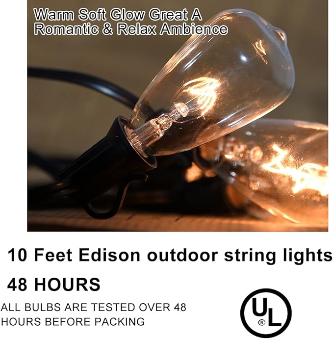 Abeja 10Ft ST38 Outdoor String Lights with 11 Clear Vintage Light Bulbs and 10 Pack ST38 Replacement Light Bulbs | Lumora