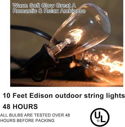 Abeja 10Ft ST38 Outdoor String Lights with 11 Clear Vintage Light Bulbs and 10 Pack ST38 Replacement Light Bulbs, C7/E12 Screw Base, Black Wire