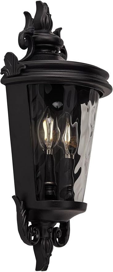 John Timberland Casa Marseille European Outdoor Wall Light Fixture Textured Black Scroll 17" Clear Hammered Glass | Lumora