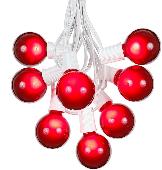 G50 Patio String Lights with 25 Red Globe Bulbs – Wedding Outdoor String Lights – Market Bistro Café Hanging String Lights – Patio Garden Umbrella Globe Lights - White Wire - 25 Feet
