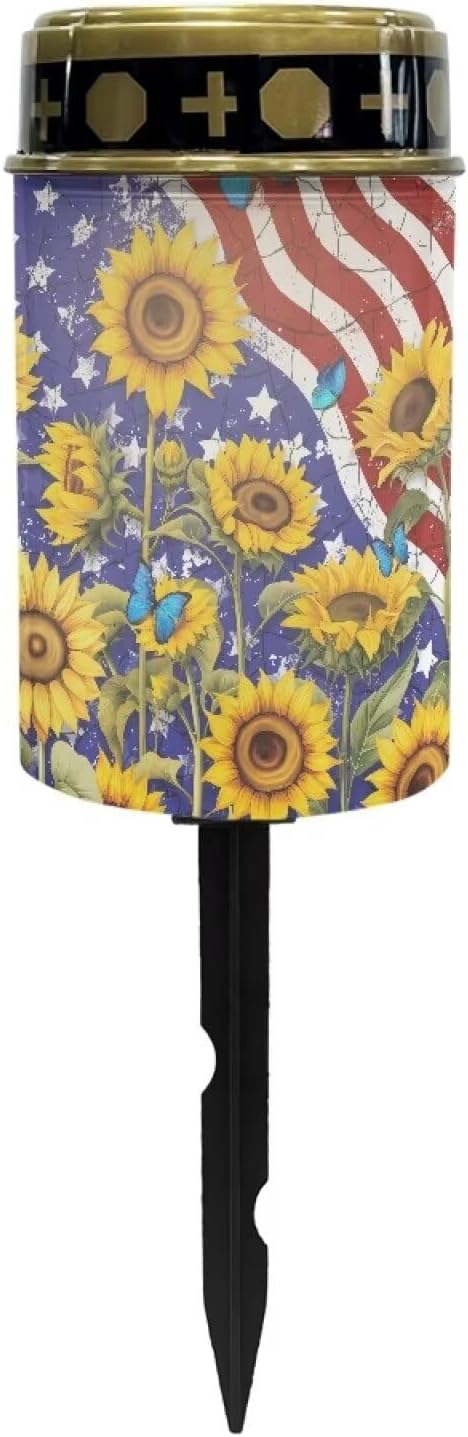 American Flag Sunflower Solar Garden Lights Outdoor Cemetery Grave Yard Patio Decoration Memorial Gifts