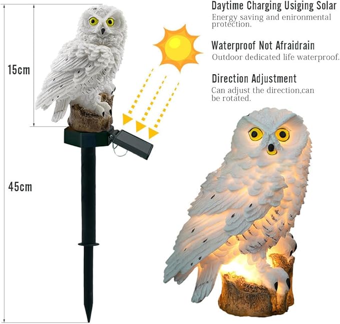 2 Pack Owl Solar Lights Outdoor Garden Resin Waterproof Garden Decorations with Stake for Patio, Yard, Lawn, Walkway Decoration Scare Birds Away(White)