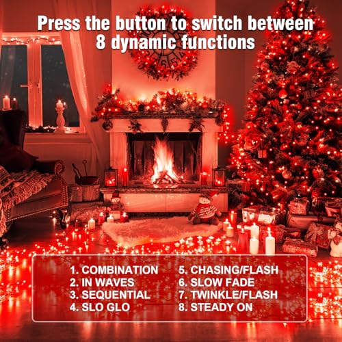 100FT Red Christmas String Lights, Green Wire LED, Plug-in Indoor Outdoor