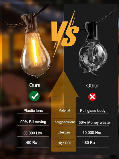 DAMAING Outdoor String Lights 120FT Waterproof Patio String Lights with 63 Shatterproof Dimmable A39 LED Bulbs, Connectable Outdoor Lighting for Backyard Porch Bistro and Balcony 2200K Black Cord