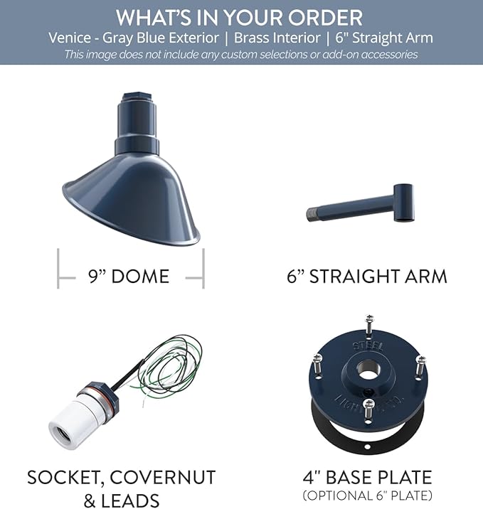Steel Lighting Co. Venice Store Sign Light | for Outdoor Restaurant Accent Wall | 9 inch Dome | 6" Straight Arm | Made in America | Gray Blue Exterior/Brass Interior