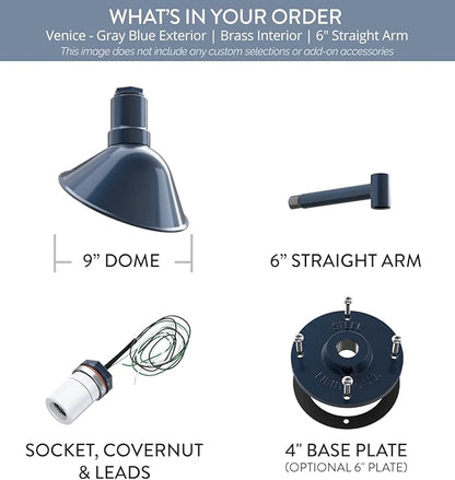 Steel Lighting Co. Venice Store Sign Light | for Outdoor Restaurant Accent Wall | 9 inch Dome | 6" Straight Arm | Made in America | Gray Blue Exterior/Brass Interior