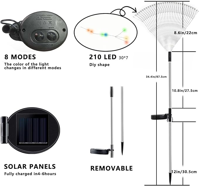210 LED Solar Firework Lights, 8 Modes Solar Garden Lights Outdoor Waterproof Decorative, Multicolor Fairy Light for Yard, Patio, Pathway Walkway Party Wedding Christmas Decor