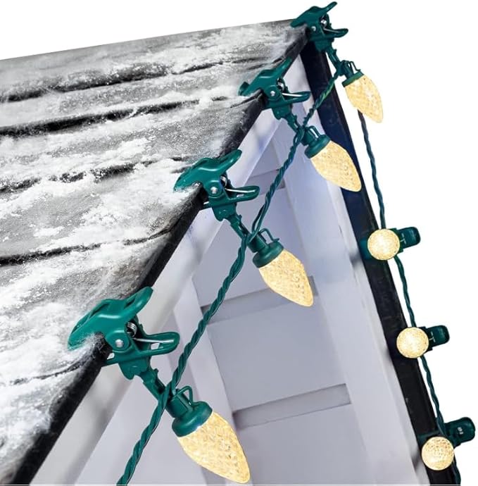 C9 Christmas Lights Outdoor with 100 Spring Clips 65FT 100LED, C9 String Lights Waterproof Connectable for House Roof Patio Yard Windows Xmas Tree Outdoor Christmas Light Decorations, Warm White